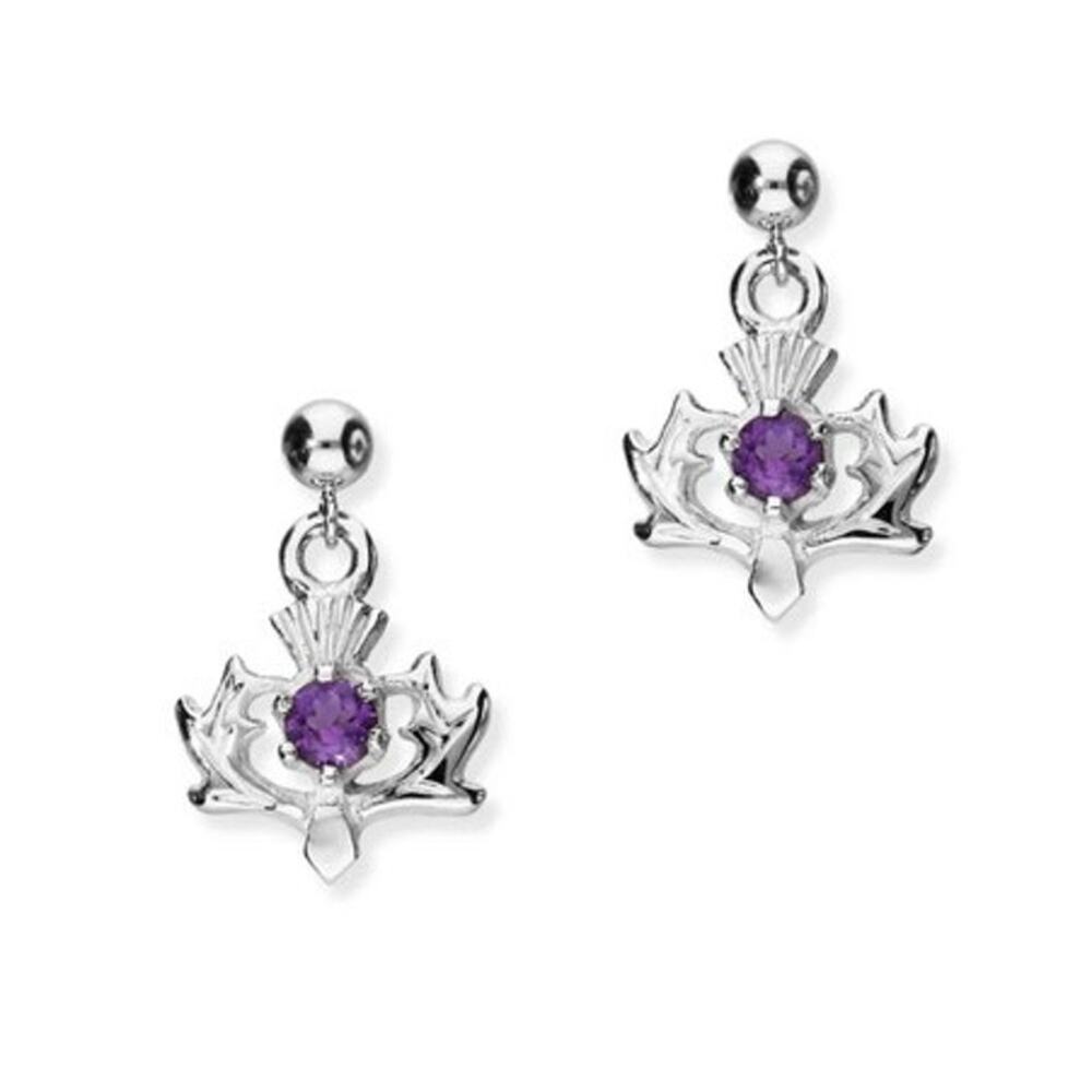 Ortak Scotland Silver Thistle Earrings Amethyst Dangle Drop 925 Sterling Dainty